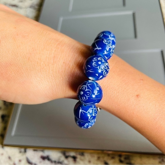 14K White Gold Emerald Pearl CHINESE Blue Floral Porcelain Bead Bracelet… - Picture 5 of 10